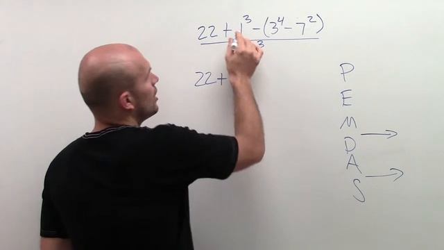 Simplifying an expression using exponents, (22 + 1^3 - (3^4 - 7^2)) / 2^3