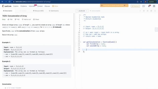 LEETCODE SOLUTION 1929 | Concatenation of Array| Leetcode for BEGINNERS | EASY | Javascript