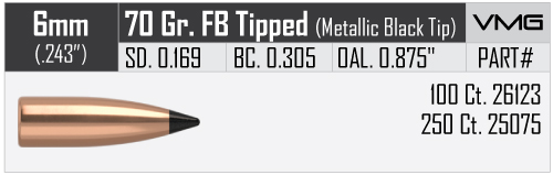 Nosler Varmageddon 6 mm/.243, 70gr/4,5грамм FB Tipped ВС-0.305