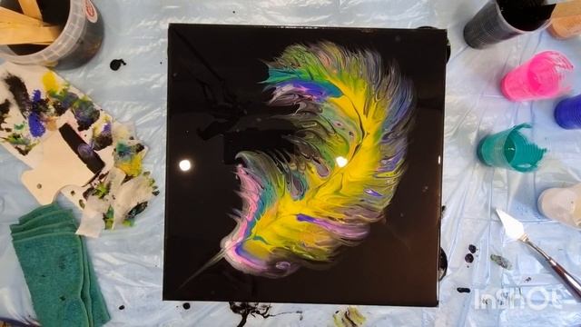 Перо Жар-птицы. Работа в технике Флюид Арт, акриловая заливка. Описание под видео. смотреть онлайн