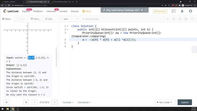 LeetCode 973 | K Closest Points to Origin | PriorityQueue | Java смотреть онлайн