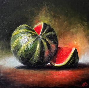 Арбуз, холст 20х20, масло _ watermelon oil on canvas