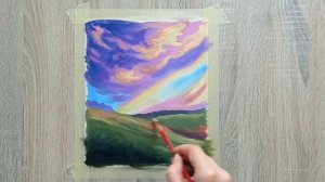 Как нарисовать дерево и цветущие поля. Весенний пейзаж красками. Как нарисовать закат.