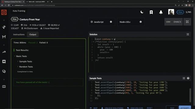 Codewars 8 kyu Century from Year Javascript