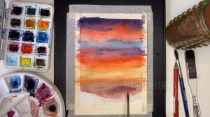 Простой пейзаж акварелью «Закат в лесу»