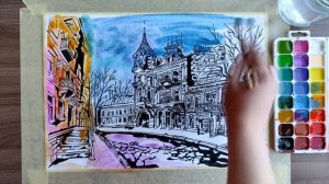 Как нарисовать город. Графический рисунок. Акварель.