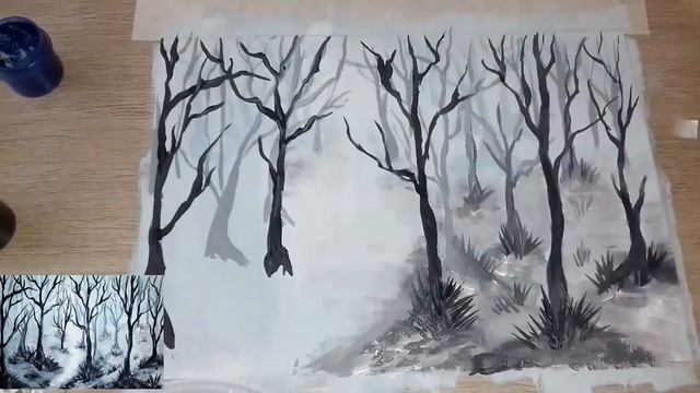 Рисуем туманный лес гуашью