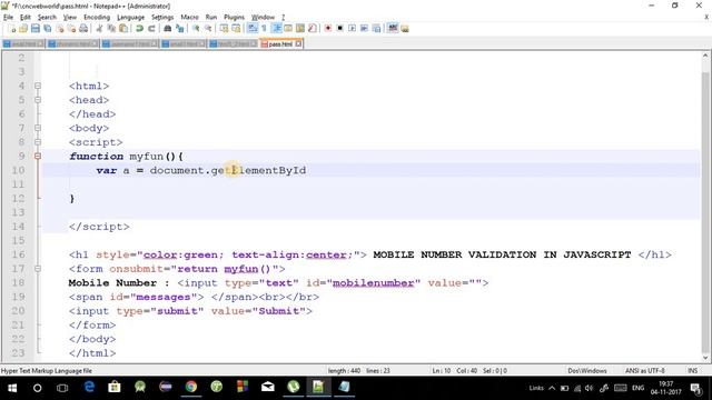 Mobile number validation in Javascript in Hindi | Phone number validation in Javascript 2017
