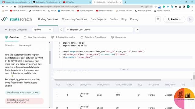 Highest Cost Orders Data Analyst Pandas Interview Question||Ask by  Amazon Shopify || Stratascratch