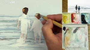 Watercolor painting of boys on a beach