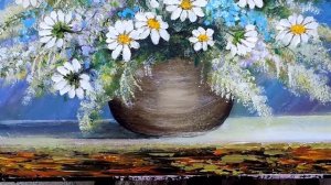 Картина с ромашками в технике импасто акриловыми красками.