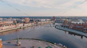 Yoshkar-Ola, Russia. City center during sunset. Embankment of the river Malaya Kokshaga, Aerial Vie