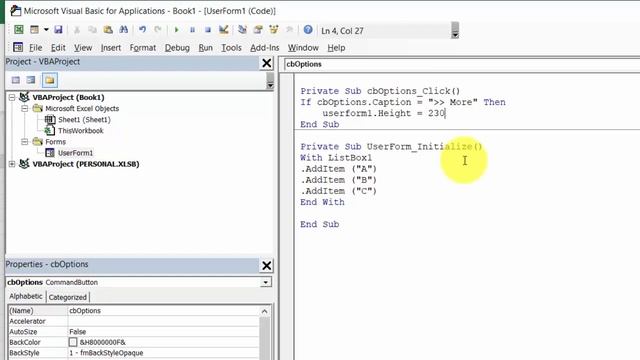 Excel VBA How to Display or Hide Controls on UserForm Using Command Button