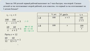 Заказ на 180 деталей  первый рабочий выполняет на 3 ч быстрее