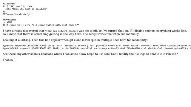 selinux settings for script run by apache to pull git repo смотреть онлайн