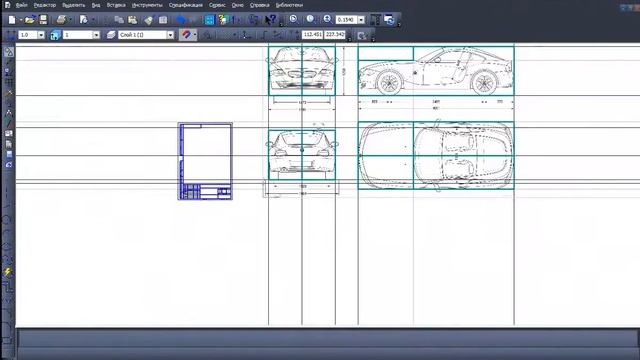 Компас 3D. Вставляем 4 вида чертежа машины в 3D. смотреть онлайн