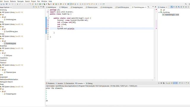 Sum of the elements using Array in  Java By Eclipse Software.