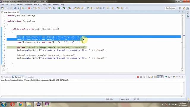 How to use equals(char[] a, char[] a2) method of Java.util.Arrays Class?