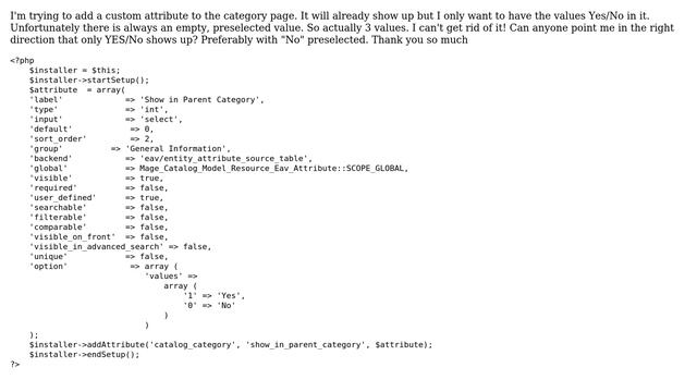 Adding category attribute (select) via installer. Set defaut not working but get additional... смотреть онлайн