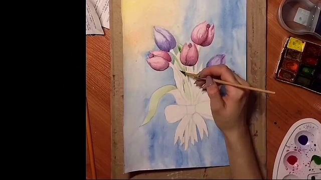 ТЮЛЬПАНЫ АКВАРЕЛЬЮ// ПРОСТОЙ РИСУНОК// ВИДЕОУРОК