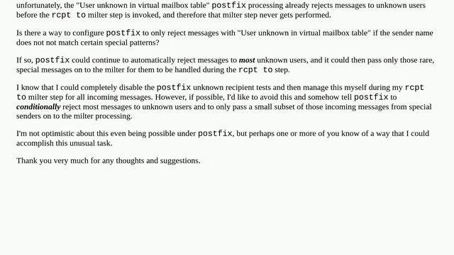 postfix: conditionally ignoring certain "User unknown in virtual mailbox table" errors when using.. смотреть онлайн