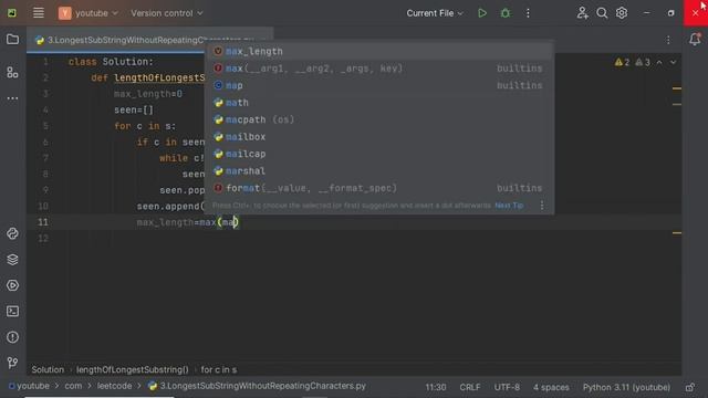 "LeetCode Problem 3 : Longest Substring Without Repeating Characters - Python Solution