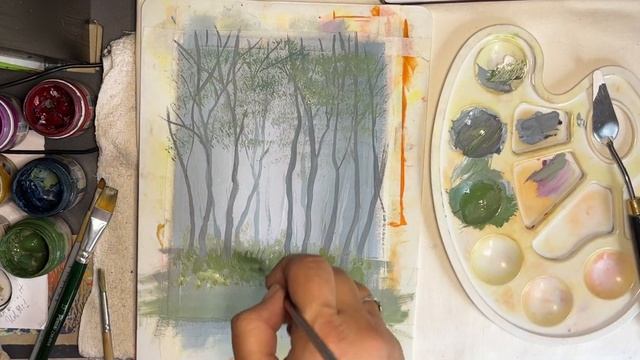 Туманный лес. Рисуем гуашью.