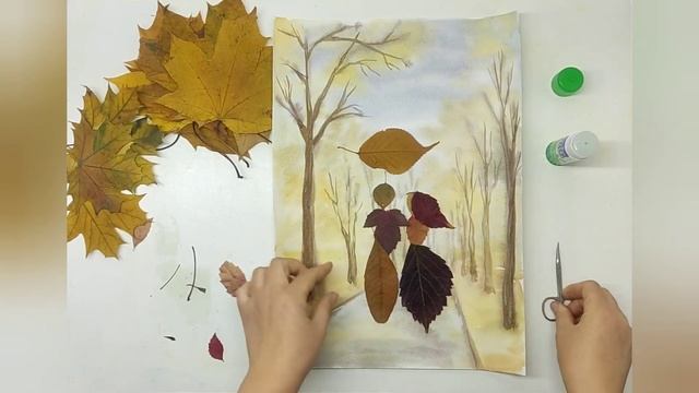 Рисуем осеннюю аллею с влюблёнными. Акварель и аппликация из осенних листьев смотреть онлайн
