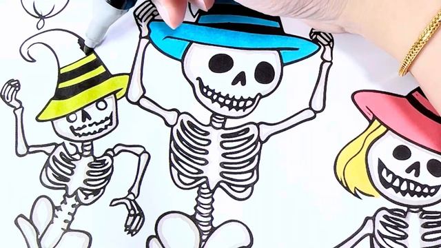 Coloring Spooky scary skeletons celebrating Halloween | Halloween coloring page for kids смотреть онлайн