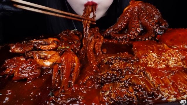 ASMR SPICY SEAFOOD, BLACK BEAN NOODLES, ENOKI  MUSHROOM, BUTTER CHICKEN, OCTOPUS, 팽이버섯 해물찜 먹방MUKBAN