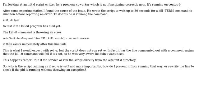 Unix & Linux: Why does my init.d script seem seem to run as if set -e was run? смотреть онлайн