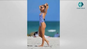 Kimberley Garner in Blue Printed Swimsuit on the Beach in Miami