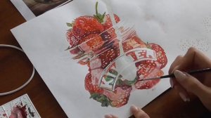 Рисование клубники в стеклянной банке акварелью, часть 2 | Уроки акварели