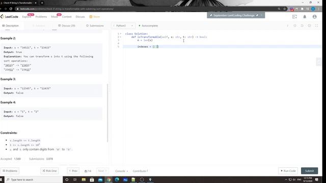 LeetCode 1585. Check If String Is Transformable With Substring Sort Operations смотреть онлайн