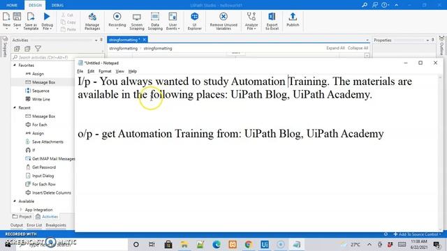 Tutorial on RPA using UiPath | String Manipulation | Split method | Example 17