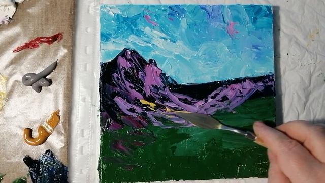 Oil/How to draw a mountain landscape/Palette Knife/Как рисовать горный пейзаж / Мастихин/ Шаг 129 смотреть онлайн