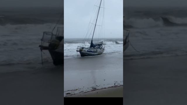 Sailboat stuck on the beach after storm in Santa Barbara. Video from KEYT