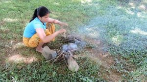 Near my village - woman finding black spider on rock - Cooking eating delicious Of course