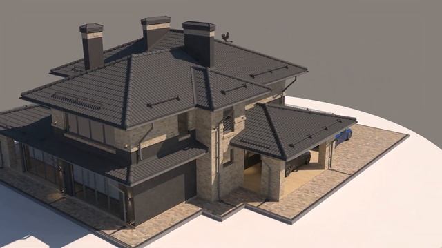 Проект дома 200 м2 в стиле Райта из кирпича в реальном исполнении с навесом для авто и террасой смотреть онлайн