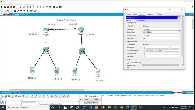 Configure IP static routing in Hindi | Static Routing using 2 routers, 2 Switches, 4 Pc