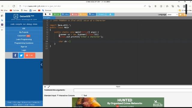 JAVA Program to find ASCII value of a character