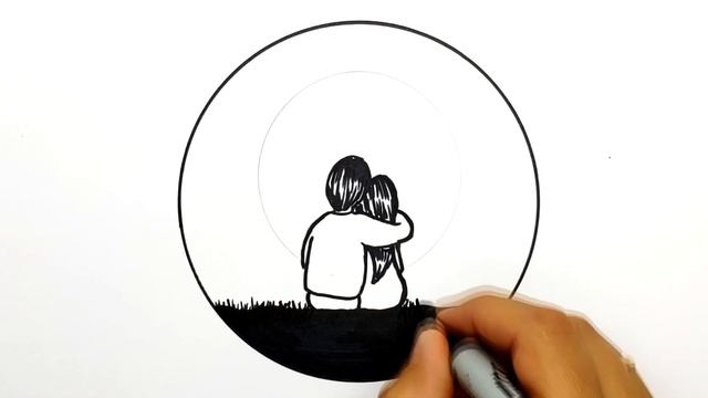 Как нарисовать Влюбленную Пару на фоне Звездного Неба. Просто рисуем пейзаж в круге. Для срисовки смотреть онлайн