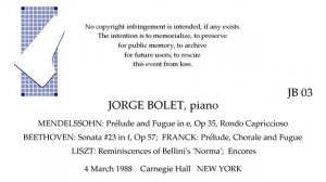 JORGE BOLET, piano recital  4 March 1988  Carnegie Hall  NEW YORK