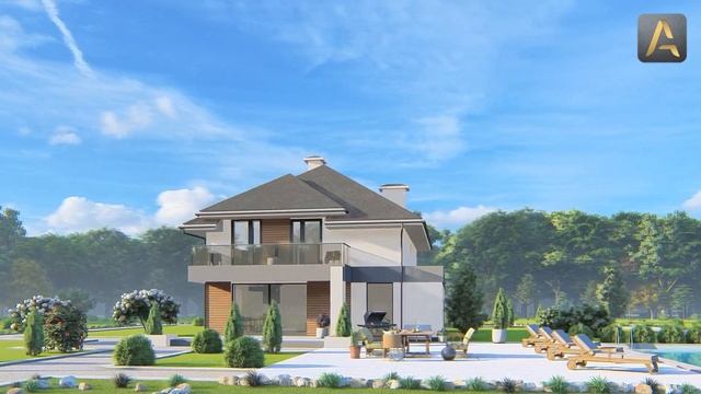 Вдохновляющий дом в современном стиле. Проект дома с гаражом, кабинетом, террасой и балконом смотреть онлайн