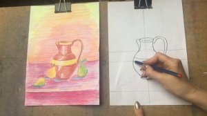 Здравствуйте. Тема «Кувшин и груши» от 20.01.21 натюрморт. Акварель,гуашь, цв карандаши, пастель