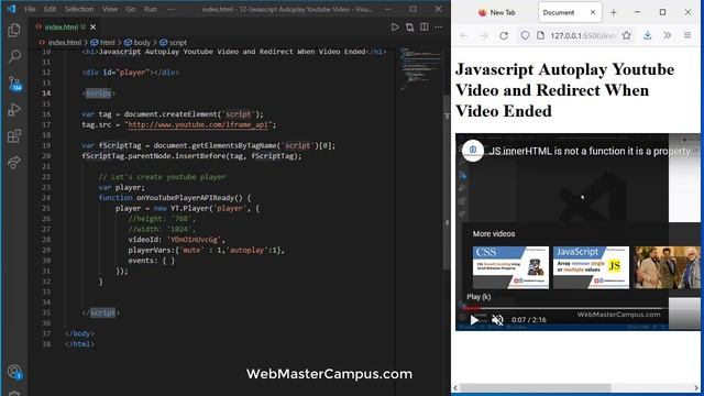 Javascript Autoplay Youtube Video and Redirect When Video Ended