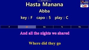 Hasta Manana - Abba ( Karaoke & Easy Guitar Chords  ) Key :  F  Capo : 5  เล่น C