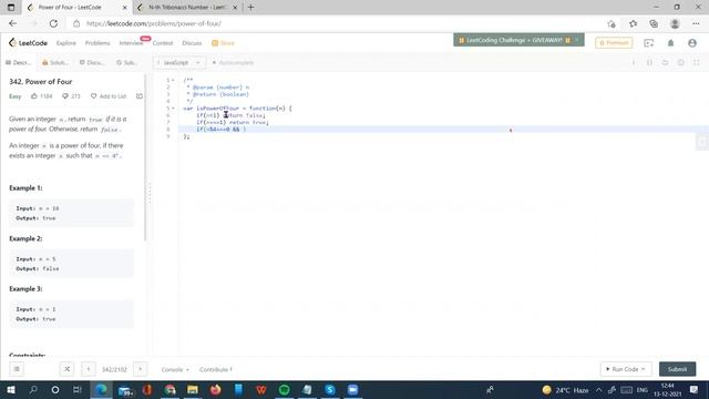 342 "Determining if a Number is a Power of Four in JavaScript (#leetcode  #342)"|| hindi