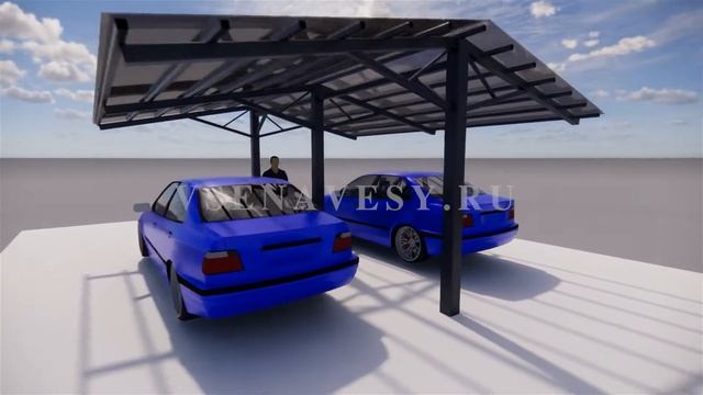 Консольный навес для двух автомобилей с двухскатной крышей (cantilever carport)