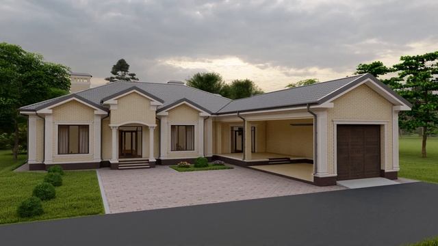 Одноэтажный дом с навесом в классическом стиле смотреть онлайн